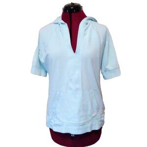 Nike Women's Large L Blue Hooded Short Sleeve Dri-FIT V-Neck Kangaroo Pocket Top